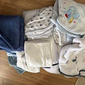 Baby Hooded Towels & Swaddles Set - Blue, White, Cream
